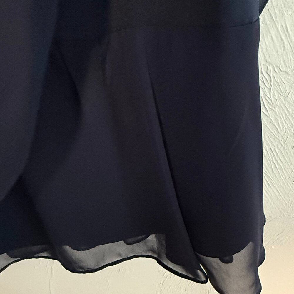 Jeweled V-Neck Chiffon Overlay Flutter Short-Sleeve Navy Blue Shift Dress - Picture 7 of 8